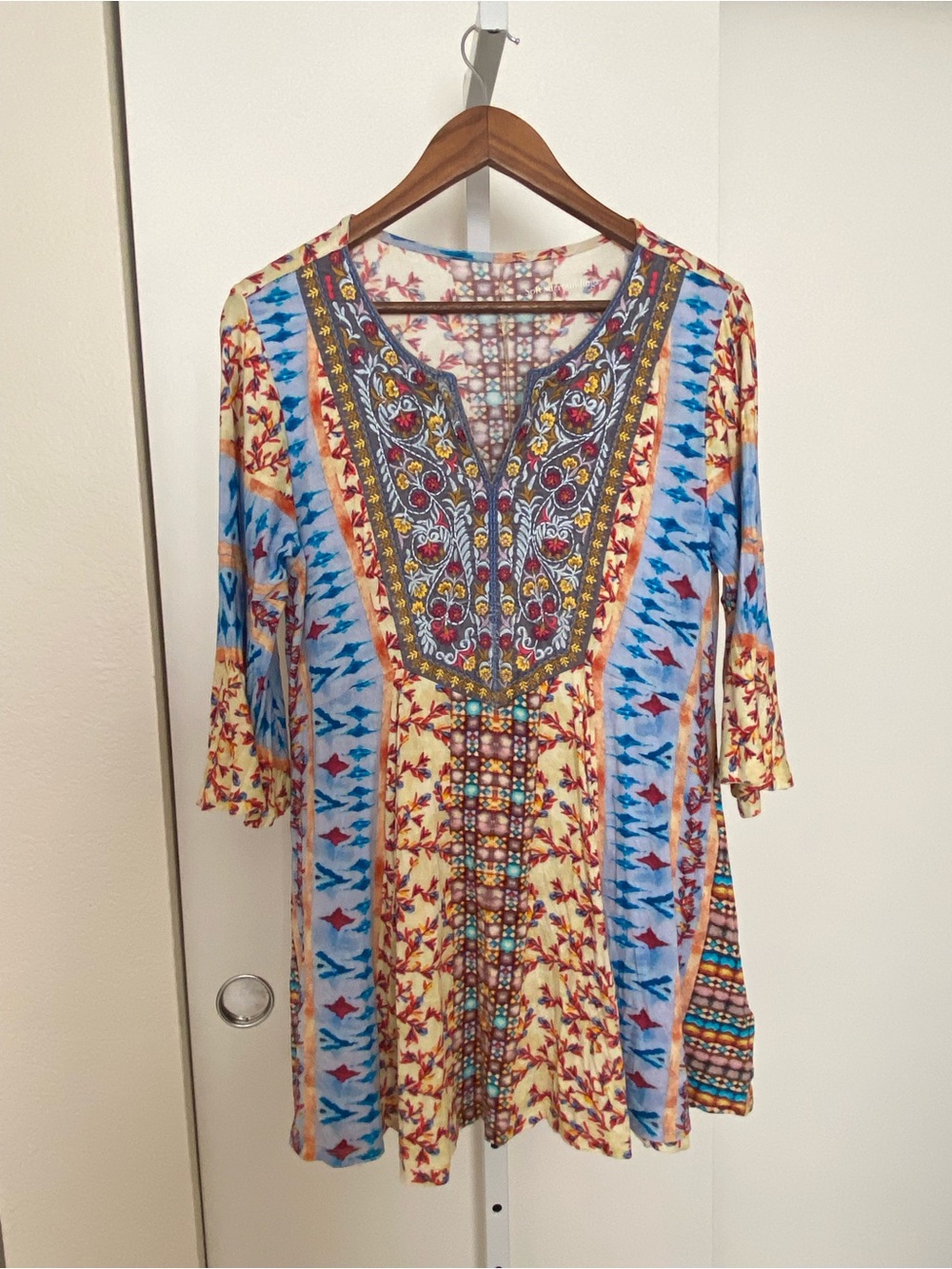 Soft Surroundings Yellow & Blue Floral-Print V-Neck Tunic